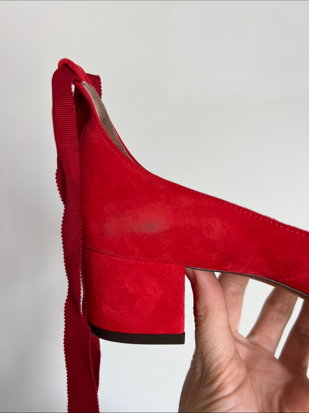 Tabitha Simmons red suede block low heels with ribbon wrap around ankle bows 38 - Picture 7 of 16